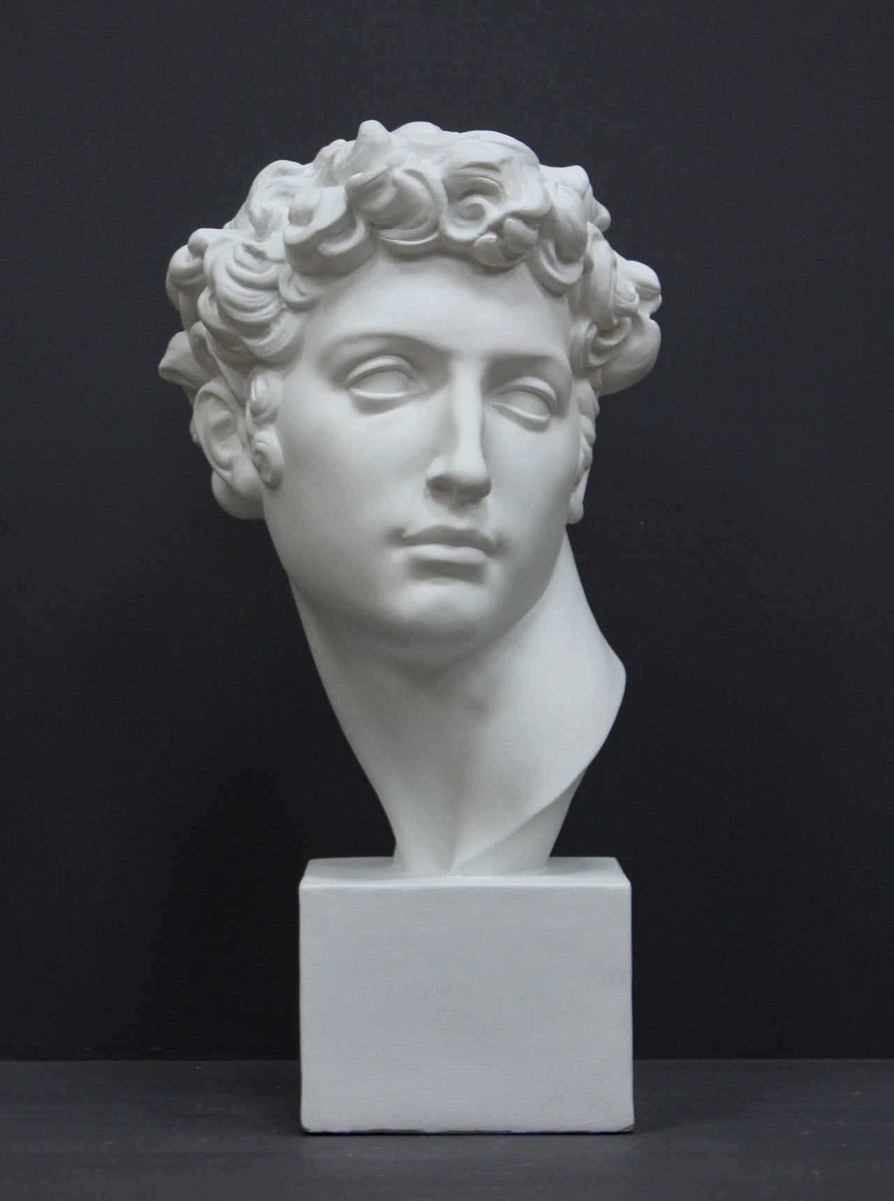 photo of white plaster cast bust sculpture of male with curly hair atop cube base against gray background