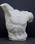 photo of white plaster cast sculpture of male torso, namely Laocoon, against gray background