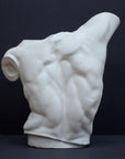 photo of back of white plaster cast sculpture of male torso, namely Laocoon, against gray background