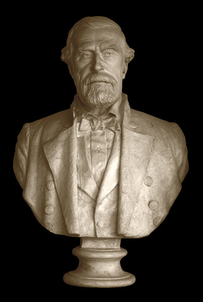 photo of off-white plaster cast sculpture bust of Robert E Lee with beard and dressed in a suit on black background