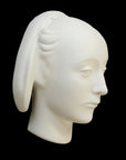 photo of white plaster cast sculpture mask of female with part-back hairdo against gray background