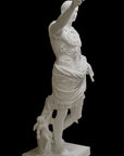 photo of white plaster cast sculpture of a man with armor and robes standing in contrapposto with his right arm raised, namely Augustus Caesar, against a black background