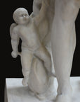 detail photo of Cupid on a dolphin from white plaster cast sculpture of a man with armor and robes standing in contrapposto with his right arm raised, namely Augustus Caesar, against a black background