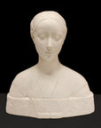 photo of white plaster cast sculpture of female bust cropped at shoulders with decorative base against black background