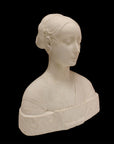 photo of white plaster cast sculpture of female bust cropped at shoulders with decorative base against black background