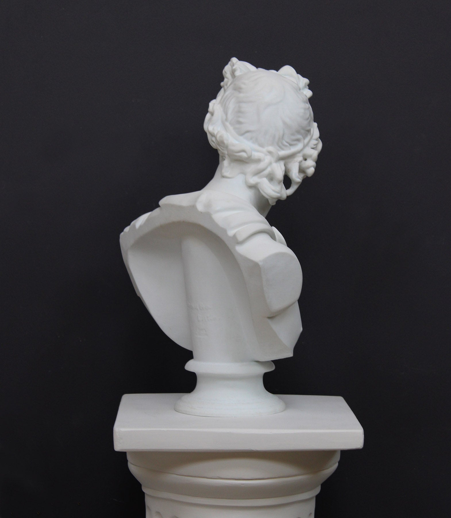 back view photo of white plaster cast bust sculpture of man, namely the god Apollo, with hair piled high in the front and a broach near his neck holding robes set atop a white pedestal against a gray background