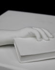 photo of white plaster cast of baby hand holding a book by the spine against white background