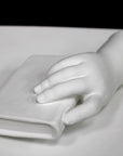 photo of white plaster cast of baby hand holding a book by the spine against white background