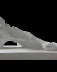 photo of white plaster cast sculpture of flayed left foot on a rectangular base against black background