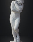 photo of white plaster cast sculpture of nude female figure hugging herself against gray background