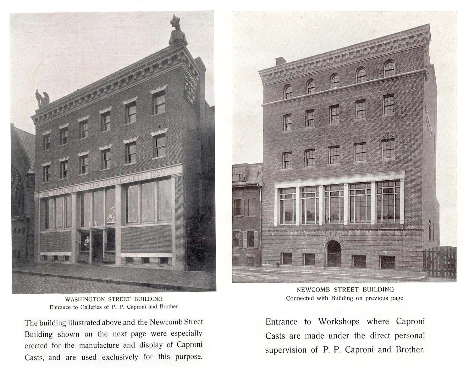 collage of two black and white catalog pages each showing a building with a text description below