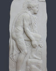 photo of off-white plaster cast relief sculpture of male nude with cloak bending to tie his sandal against gray background