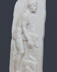 photo of off-white plaster cast relief sculpture of male nude with cloak bending to tie his sandal against gray background