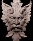 photo of off-white plaster cast sculpture relief of moustached man's face made of leaves with black background