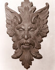 photo of bronze-colored plaster cast sculpture relief of moustached man's face made of leaves with white background