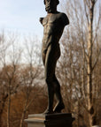 photo of bronze-colored plaster cast sculpture of standing nude satyr figure on square base in front of trees and blue sky