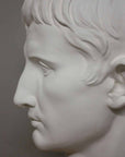 closeup photo of plaster cast bust of man, namely Augustus Caesar, with gray background