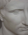 closeup photo of plaster cast bust of man, namely Augustus Caesar, with gray background