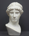 photo of white plaster cast sculpture bust of female, namely the goddess Athena, with short, curly hair and headband on gray background