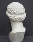 back view photo of white plaster cast sculpture bust of female, namely the goddess Athena, with short, curly hair and headband on gray background