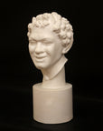 Photo of white plaster cast sculpture of faun head on base against black background