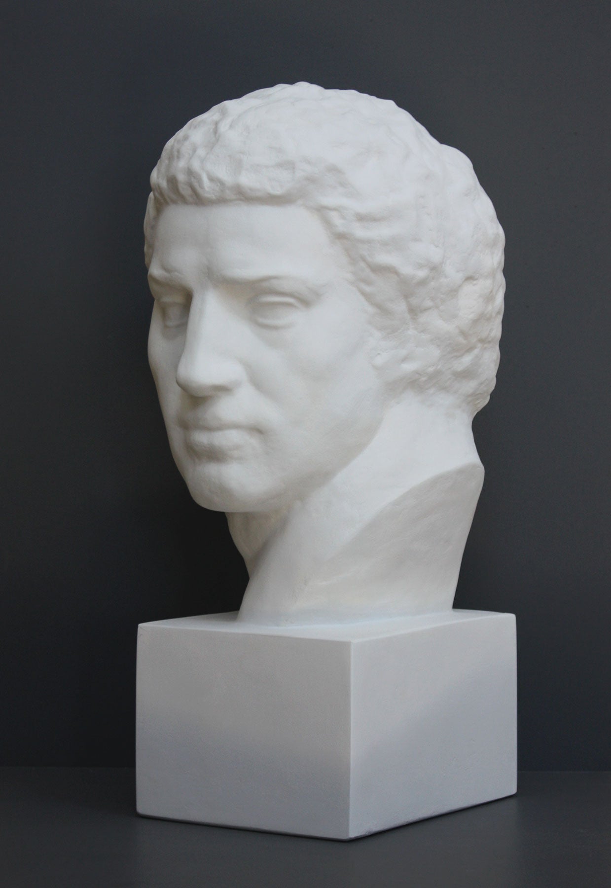 Photo of plaster cast sculpture of man's head on a grey background