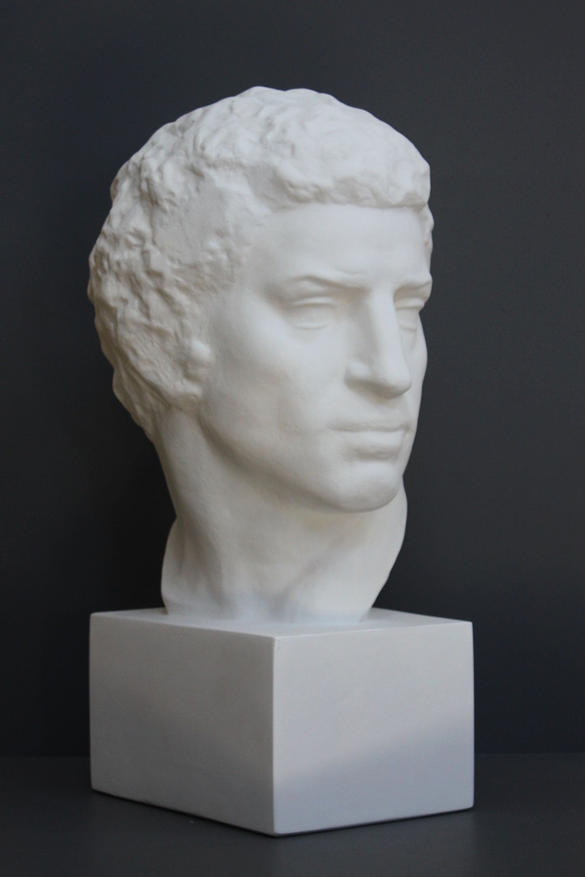 Photo of plaster cast sculpture of man's head on a grey background