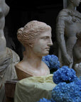 photo with plaster cast bust of woman, namely Venus, on table with yellow sheet and two tall figure casts in background and blue hydrangeas in foreground