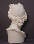 back view photo of white plaster cast sculpture bust of man, namely the god Apollo, with hair piled high in the front and a broach near his neck holding robes on a gray background