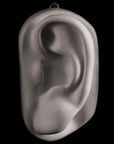 Photo of plaster cast sculpture of left ear from Michelangelo's David statue on a black background