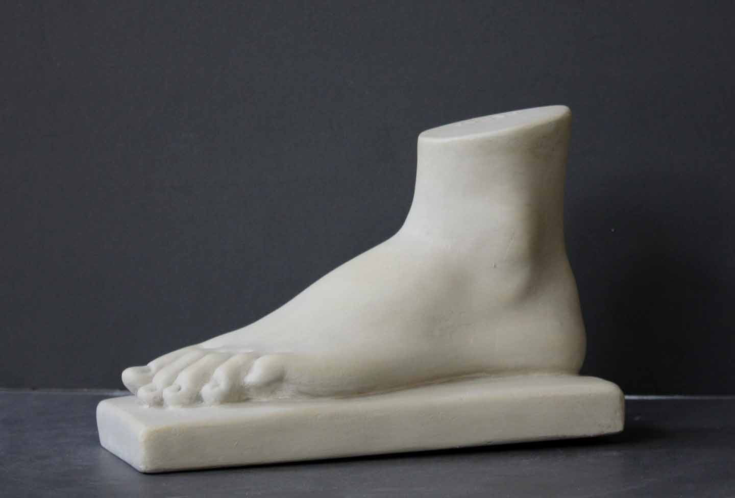 Photo of plaster cast of female left foot with a grey background