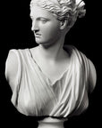 Photo with black background of white plaster cast of sculpture bust of female goddess Diana with drapery and crown and up-do