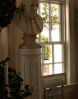 Photo of male bust sculpture on tall pedestal next to a window in a dining room