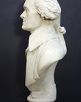 Photo of plaster cast bust sculpture of man with coat and neckerchief, namely Thomas Jefferson, with dark gray background