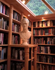 photo of two walls of a library filled with books and skylights in ceiling and plaster cast bust of Alexander Hamilton on table