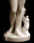 photo detail of plaster cast sculpture of Venus standing nude with two putti riding a dolphin at her feet