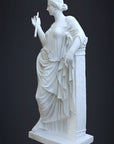 photo of plaster cast sculpture of female figure in robes leaning on podium