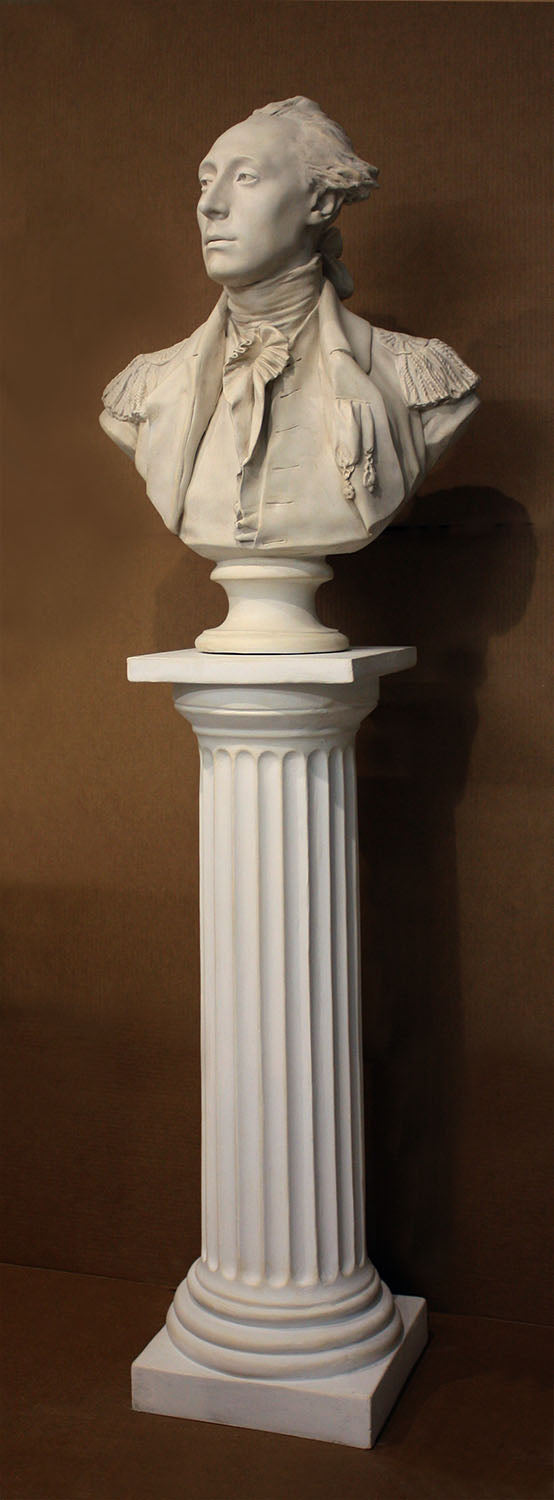 photo of plaster cast of male bust sculpture, namely Lafayette, in uniform on a Doric-like pedestal with brown background