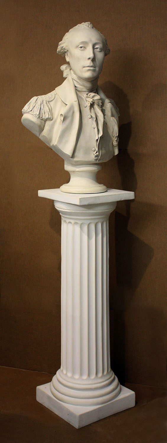 photo of plaster cast of male bust sculpture, namely Lafayette, in uniform on a Doric-like pedestal with brown background