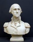 photo of plaster cast sculpture bust of George Washington in uniform on dark gray background