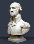 photo of plaster cast sculpture bust of George Washington in uniform on dark gray background