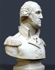 photo of plaster cast sculpture bust of George Washington in uniform on dark gray background