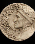 photo of plaster cast of small medallion with male portrait, namely Dante Alighieri, in profile and floral decoration on the left side curve and the word Dante, on black background