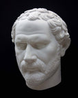 photo of white plaster cast of sculpture of face of Demosthenes with curly hair and beard on black background