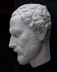 photo of white plaster cast of sculpture of face of Demosthenes with curly hair and beard on black background