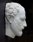 photo of white plaster cast of sculpture of face of Demosthenes with curly hair and beard on black background