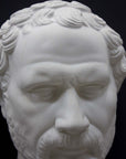 photo of white plaster cast of sculpture of face of Demosthenes with curly hair and beard on black background