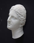 photo of white plaster cast of sculpture of face of Aphrodite of Knidos with wavy, pulled-back hair on dark gray background