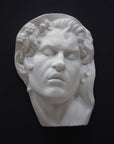 photo of plaster cast of sculpture of face of Sleeping Faun with two flowers in curly hair on dark gray background