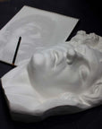 photo of plaster cast of sculpture of face of Sleeping Faun with two flowers in curly hair on dark gray surface with sketchbook and pencil beside it